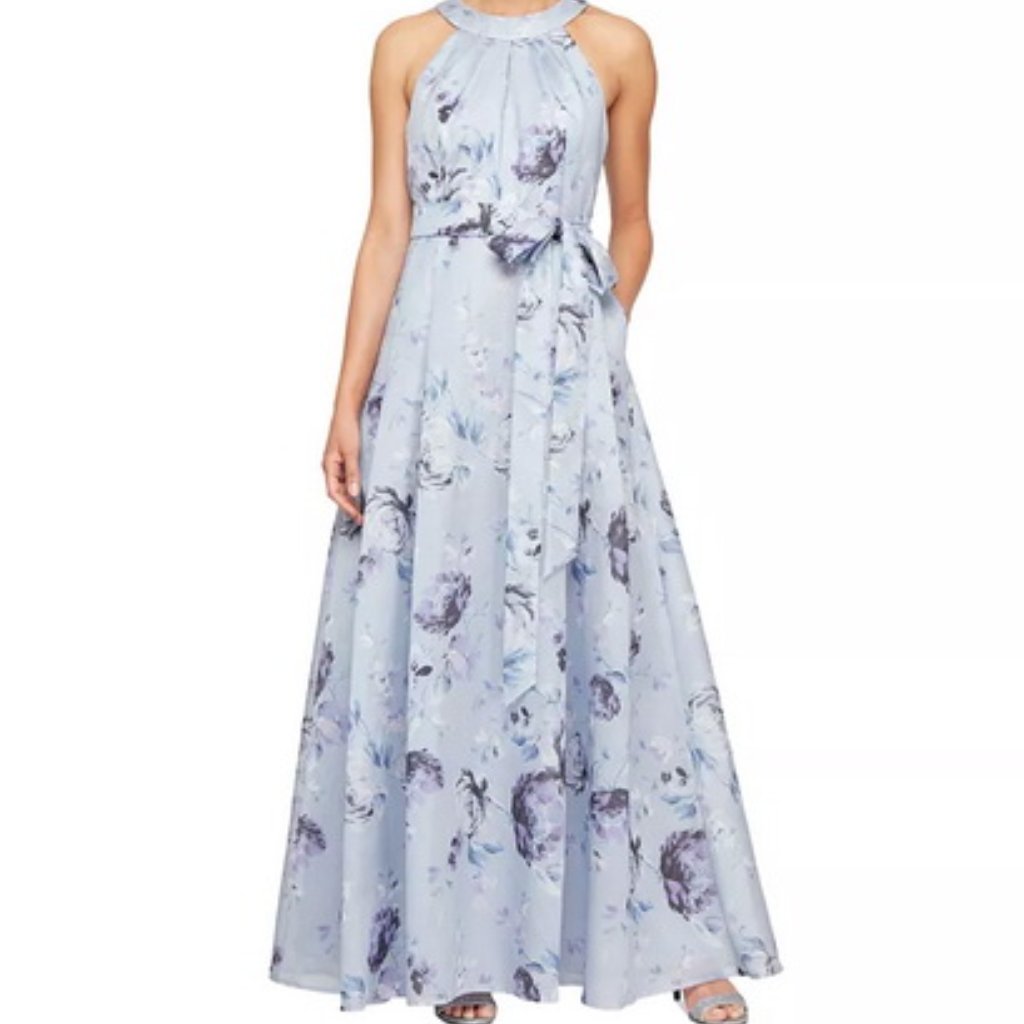 Alex Evenings Purple Blue Floral Shimmer Organza Gown *Less Sash*